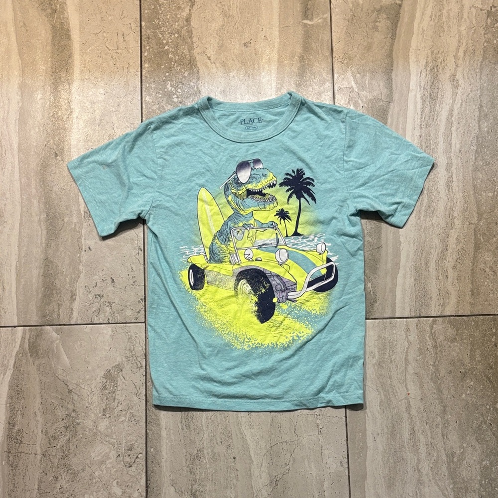 Place Teal Kids Tee with Dino Surf Car Graphic